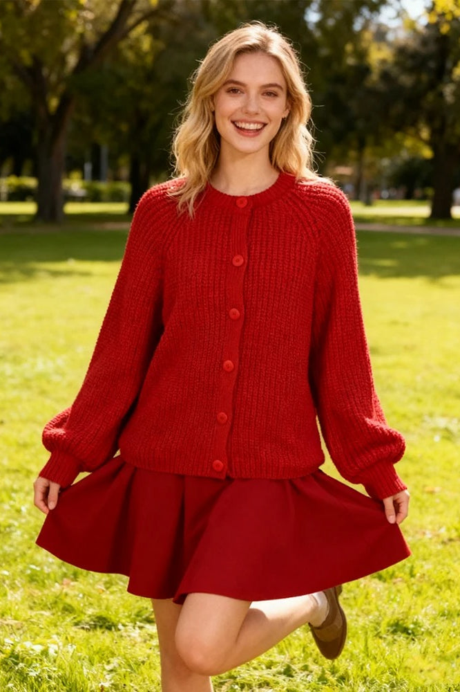 Red Round Neck Knit Cardigan