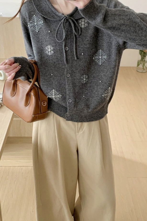 Beaded Snowflake Tie Collar Cardigan